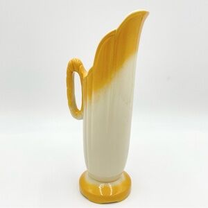 Vintage‎ Pitcher Vase Art Deco Style White Yellow Handle Narrow Home Decor Gift